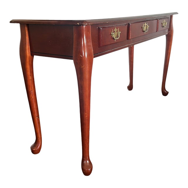 Vintage Queen Anne Mahogany Three Drawer Console Table For Sale