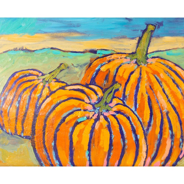 An oil on wood panel painting of pumpkins. Three large pumpkins are in the foreground of the composition with a cloudy...