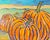 An oil on wood panel painting of pumpkins. Three large pumpkins are in the foreground of the composition with a cloudy...