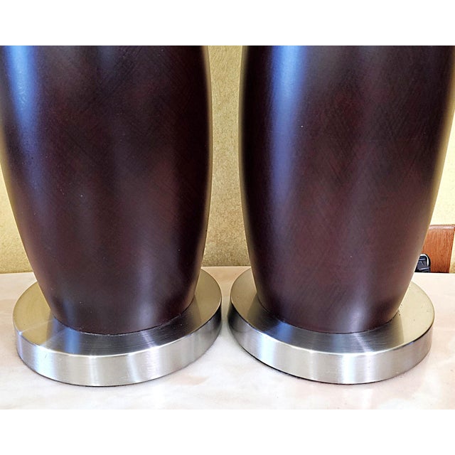 Wood Pair of Contemporary Espresso Wood Hourglass Lamps With Brushed Nickel Accents and Linen Shades For Sale - Image 7 of 18