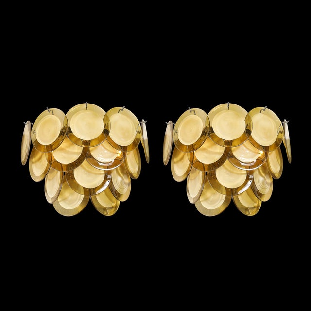 Pair of Modernist 14-Disc Sconces in Hand-Blown Murano Topaz Glass For Sale - Image 4 of 15
