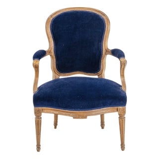 Antique French Louis XVI Style Sapphire Blue Velvet Armchair, Circa 1900 For Sale
