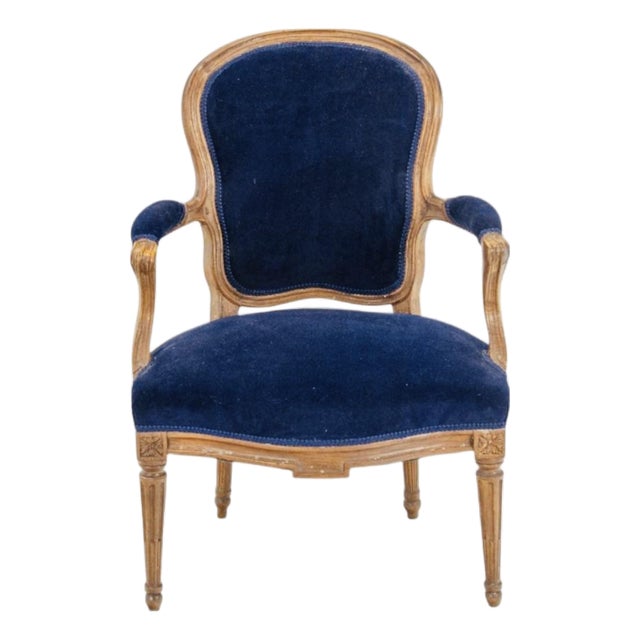 Antique French Louis XVI Style Sapphire Blue Velvet Armchair, Circa 1900 For Sale