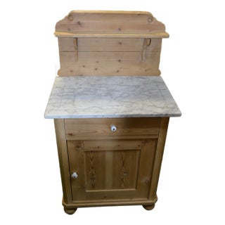 Vintage Rustic Scrubbed Pine Washstand Cupboard W/ Grey & White Marble Top For Sale
