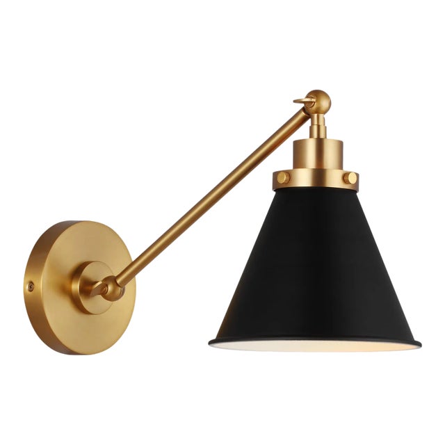 Chapman & Myers by Visual Comfort Studio Wellfleet Single Arm Cone Task Sconce, Midnight Black & Burnished Brass For Sale