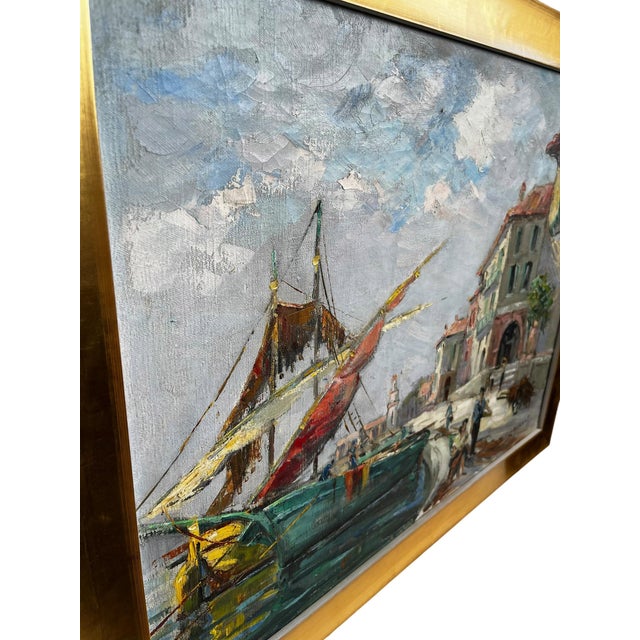 A vibrant midcentury French harbor scene painted with expressive palette knife strokes and rich Mediterranean colors....