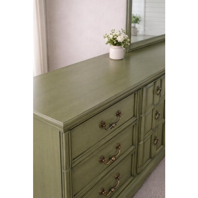 Late 20th Century Vintage 70” Solid Wood Dresser & Mirror – Old Chapel Sagewood™ Finish – Olive Sage Green Designer Refinished Bedroom Piece For Sale - Image 5 of 7