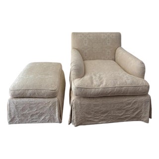 Cream Damask Club Chair & Matching Stool For Sale