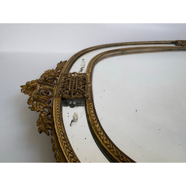 Antique French Style Ormolu Vanity Mirror Tray With Etched Filigree Handles For Sale - Image 9 of 11