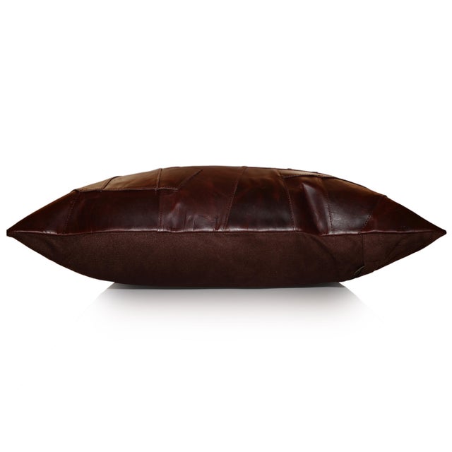 Luxury Distressed Brown Genuine Leather Patchwork Throw Pillow 16x24 | Handmade Designer Lumbar Cushion For Sale In San Francisco - Image 6 of 7