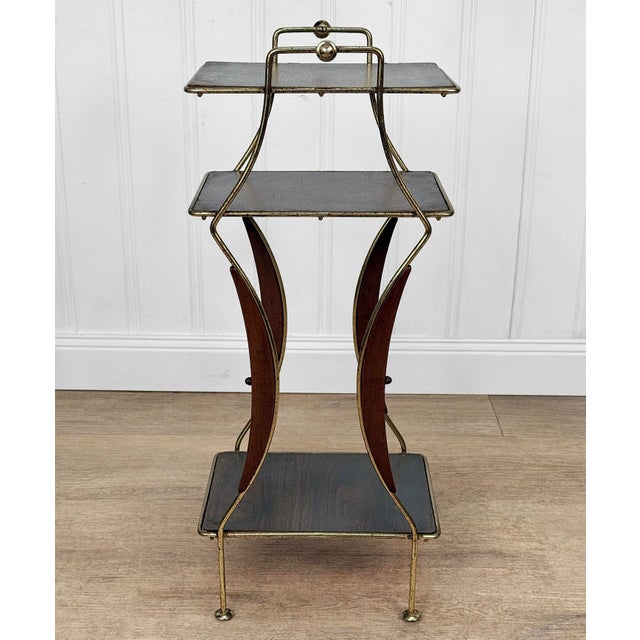 Mid-Century Atomic Faux Walnut Gold Tiered Plant Stand For Sale - Image 4 of 10