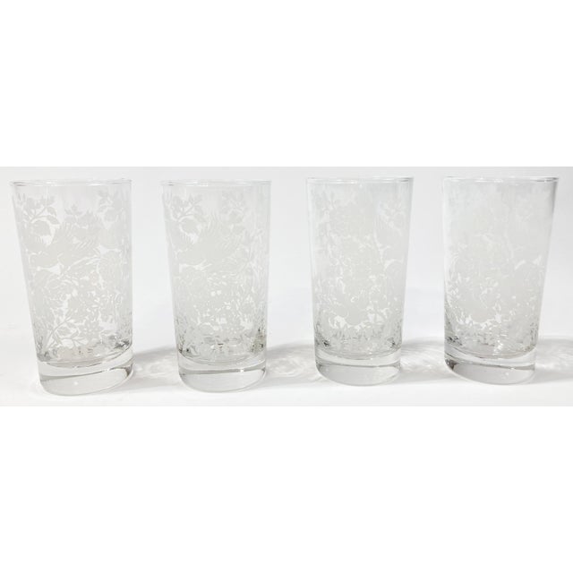 Gorgeous set of four (4) vintage Libbey highball glasses with white opaque flora and fauna design. Free of imperfections...