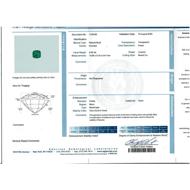 Early 20th Century AGL Certified 4.2 Carat Cushion Cut Colombian Emerald & Diamond Ring 18K Y Gold For Sale - Image 5 of 18