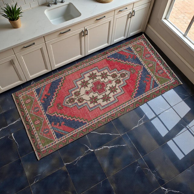 Mid-Century Modern Hand Knotted Turkish Rug Colorful Small Rug Door Mat - 1′8″ × 3′7″ For Sale - Image 3 of 14