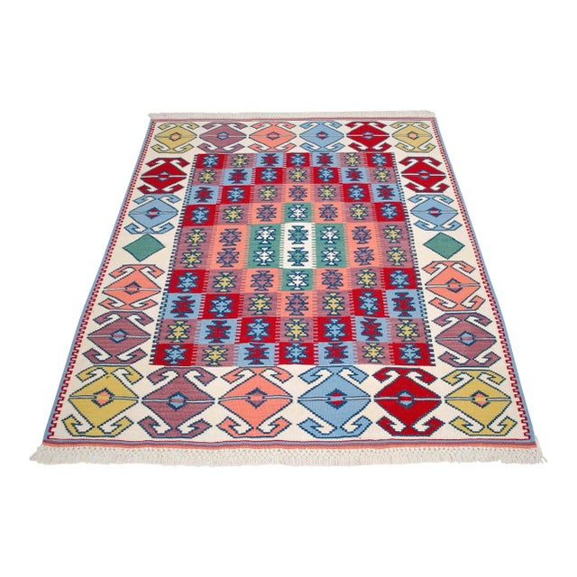 1980s Vintage Turkish Rug Hand Woven Colorful Area Rug Oushak Kilim - 4'4" X 5'2" For Sale