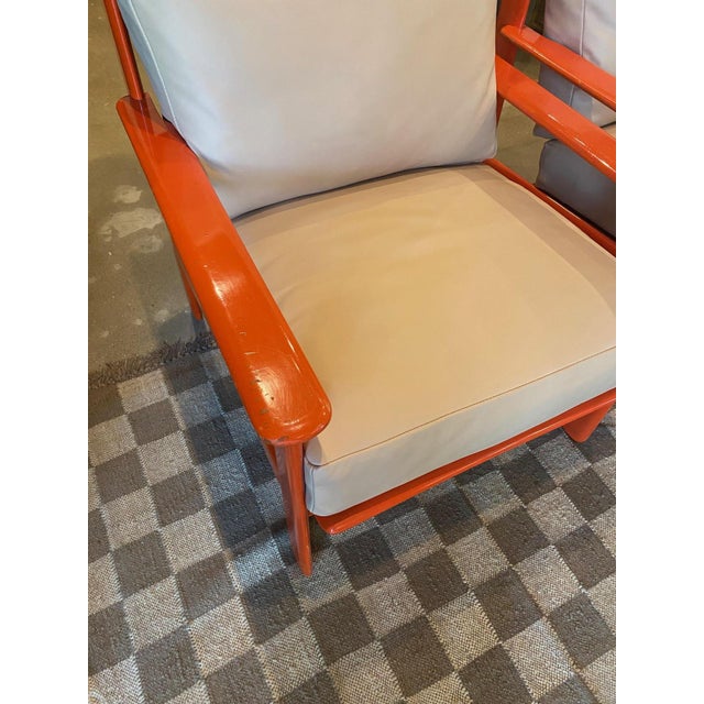 Mid-Century Modern Orange Lacquer and Buff Leather Armchairs, Scandinavia, 1970's - A Pair For Sale - Image 3 of 6