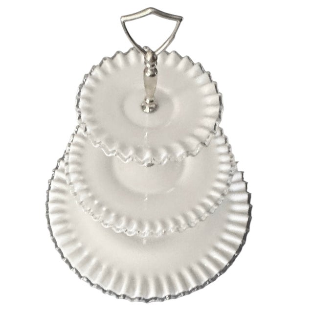 Vintage Fenton Milk Glass Tidbit Server With Silver Crest Rim and Metal Handle For Sale - Image 9 of 12