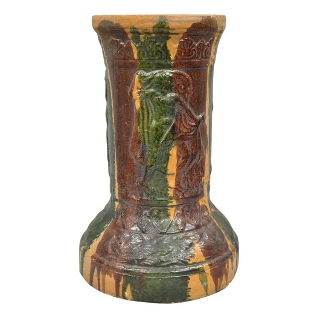Antique Majolica Terracotta Red Green Drip Glaze Figural Plant Stand Pedestal For Sale