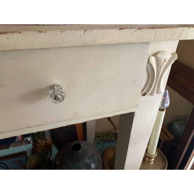 1920s Antique Distressed White Writing Table Desk With Drawer With Carved Onlays For Sale - Image 4 of 8