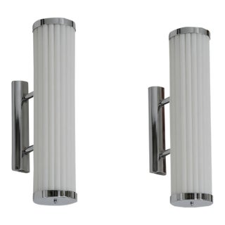 Vintage Art Deco Light Old Lamp Wall Sconces Fixture Nickel Brass & Milk Glass Rod Ship Light - Pair For Sale