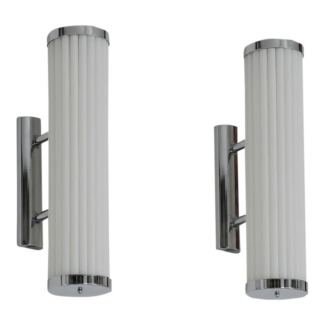 Vintage Art Deco Light Old Lamp Wall Sconces Fixture Nickel Brass & Milk Glass Rod Ship Light - Pair For Sale