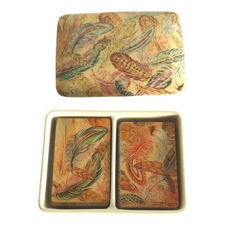 Neiman-Marcus Feather Motif Playing Cards in Ceramic Box For Sale