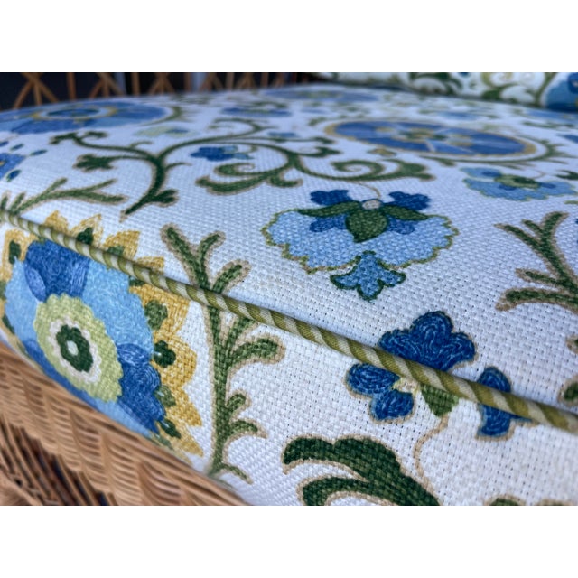 Vintage Henry Link for Lexington Woven Rattan and Wicker Lounge Armchairs With Floral Upholstery | Pair For Sale - Image 11 of 14