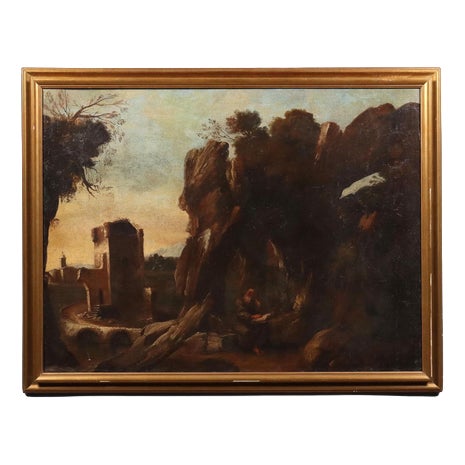 Landscape with Holy Hermit, Oil on Canvas For Sale