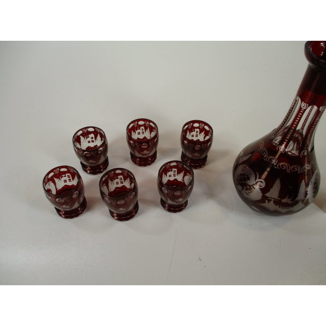 Glass Early 20th Century Bohemian Decanter 6 Liquor Tumblers Red Glass Hand Wheel Engraved Czech For Sale - Image 7 of 11