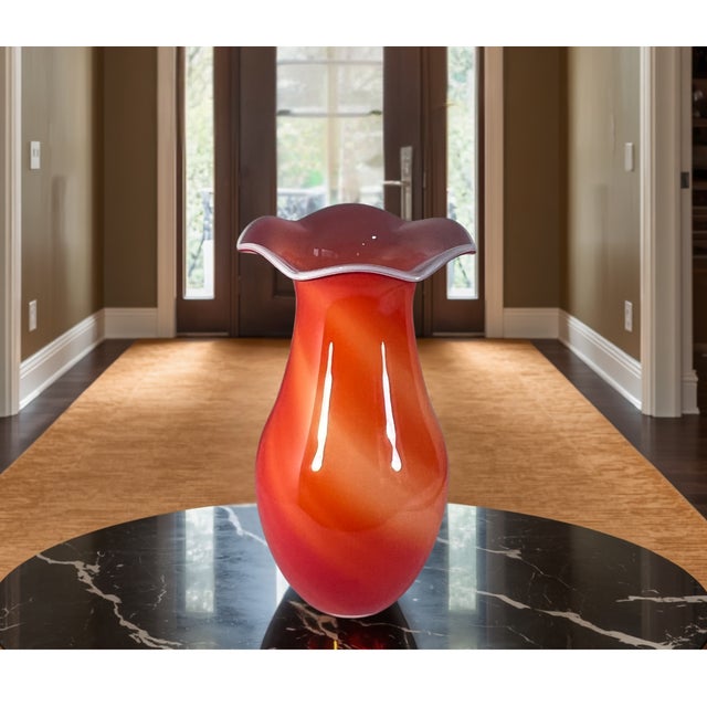Murano 13 3/4 In. Tall Vintage Bulbous Scalloped Rim Cased White Orange Art Glass Vase For Sale - Image 4 of 15