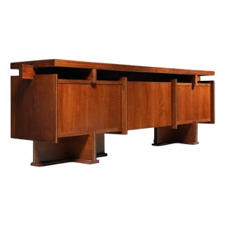 Italian Modernist Walnut and Brass Writing Desk, 1950s For Sale