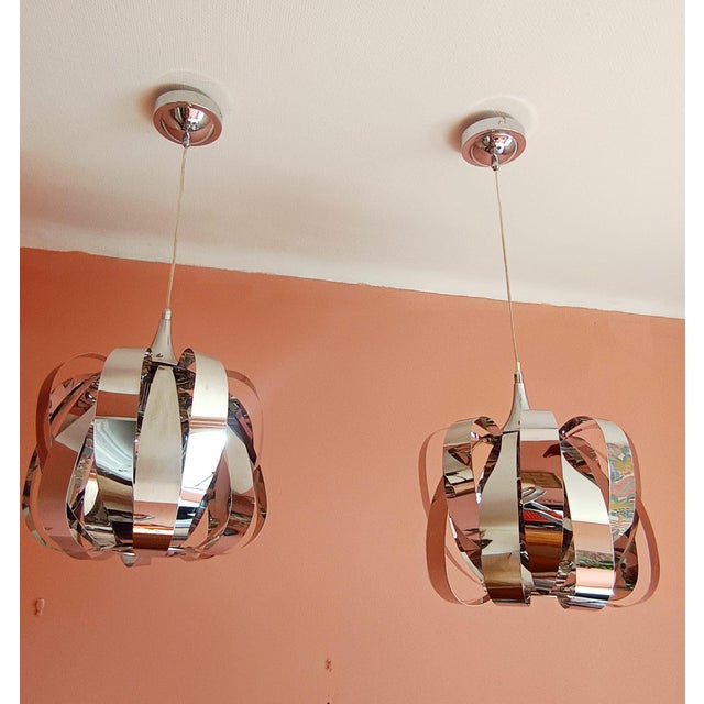 Space Age Chrome-Plated Metal Pendant Lights, 1970s, Set of 2 For Sale - Image 4 of 11