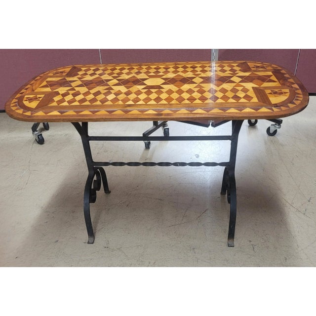 1980s Alfonso Marina Wrought Iron and Parquetry Wood Top Side Table For Sale - Image 5 of 10