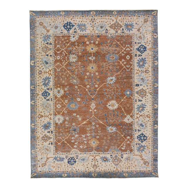 Apadana's Artisan Collection Brown Handmade Floral Pattern Wool Rug For Sale