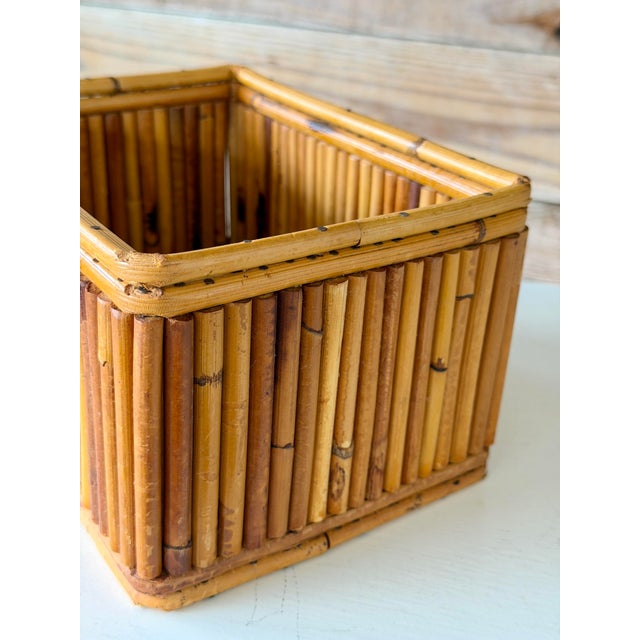 Contemporary Vintage Boho Coastal Pencil Reed Rattan Storage Basket Box by Marco Basketware For Sale - Image 3 of 11
