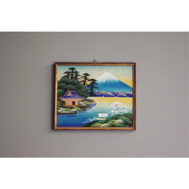 Wood Japanese Silk Painting, 1970s For Sale - Image 7 of 7