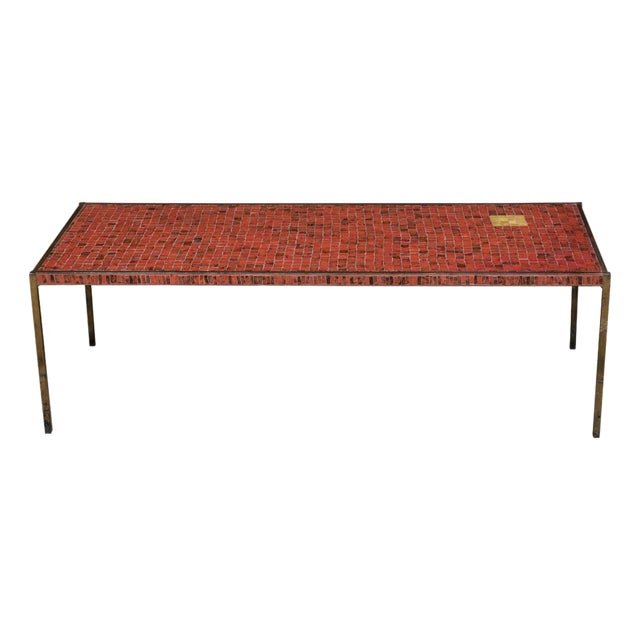 Midcentury Italian Mosaic Table with Iron Base and Red Glass Tile Style Top For Sale