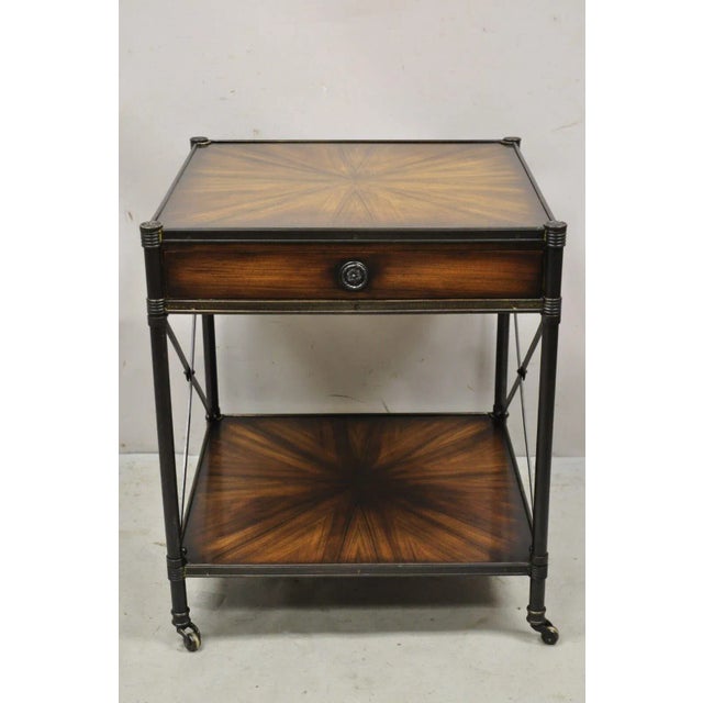 Decorator Iron and Wood X-Frame One Drawer Square Modern Side Table. Item features a burnished metal x-form frame, rolling...