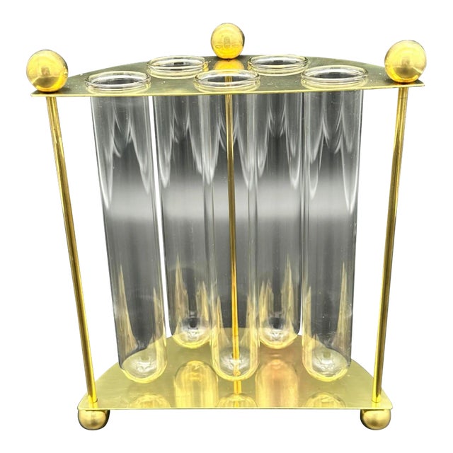 Vintage Brass Semi Circle Flower Vase Arranger With 5 Glass Vials For Sale