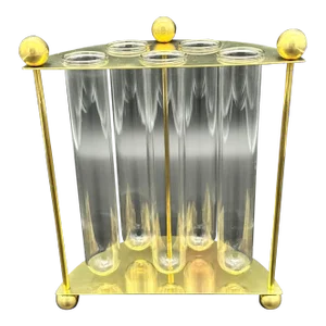 Vintage Brass Semi Circle Flower Vase Arranger With 5 Glass Vials