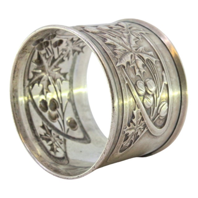 Silver Napkin Ring with Raised Floral Motifs Surrounding a Monogram Card. For Sale