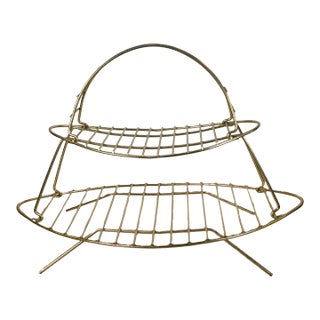 Two Tiered Mid Century Modern Brass Magazine Rack or Log Basket For Sale