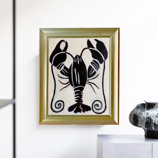 Original hand-painted oil painting by artist Tatiana Duperault Bold, graphic lobster composition with swirling decorative...