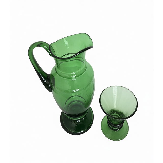 Mid-Century Modern Vintage Hand-Blown Czech Bohemian Emerald Green Glass Pitcher & Matching Goblet For Sale - Image 3 of 4