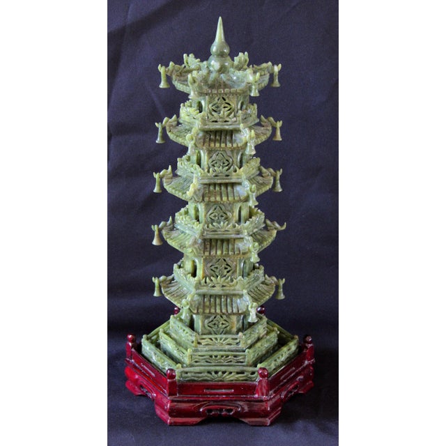 Vintage Chinese Jade Pagoda Sculpture – Hand-Carved Multi-Tier Celadon Green Temple Tower, Asian Feng Shui Decorative Stone Figurine on Red Wood Stand For Sale - Image 4 of 17