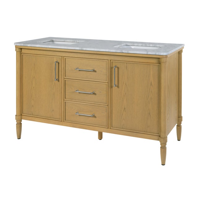 Mid-Century Modern Bianca 60 in. W Wood & Marble Double Sink Bathroom Vanity, Light Oak For Sale - Image 3 of 11