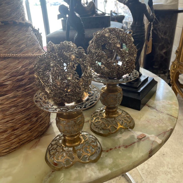 Pair of Vintage Asian Ornate Brass Candle Holders For Sale In Miami - Image 6 of 6