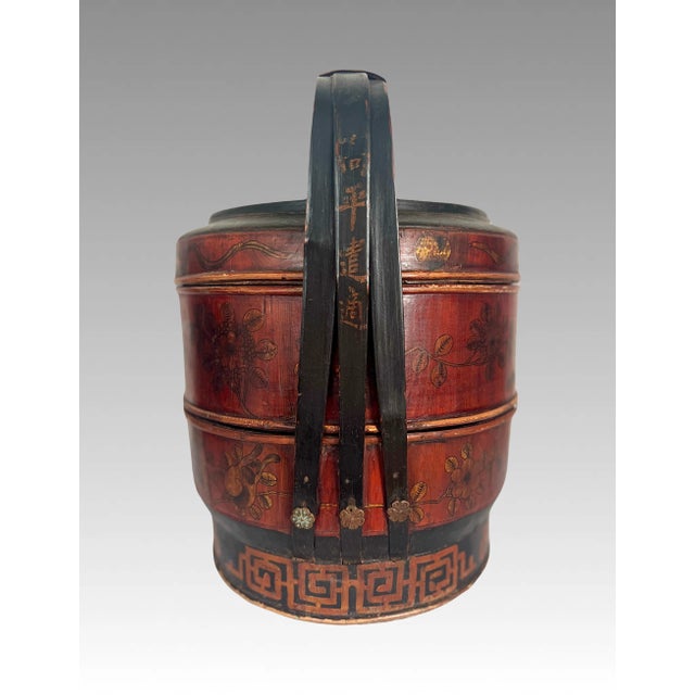 Chinoiserie Large Old Chinese Hand Decorated & Signed Tiered Storage Box or Basket, Sewing Box With Auspicious Objects For Sale - Image 3 of 12