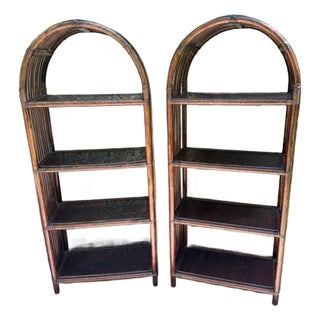 Pair of Vintage Arched Bookcases Etageres in Dark Rattan For Sale