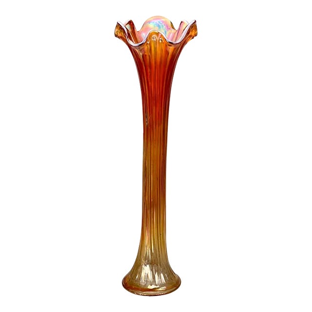 Mid-Century Large Marigold Orange Iridescent Carnival Art Glass Swung Vase For Sale